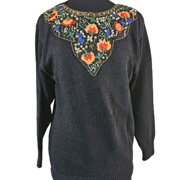 Vintage 80s Sequin Embellished Neckline Sweater Size Small - Picture 1 of 6